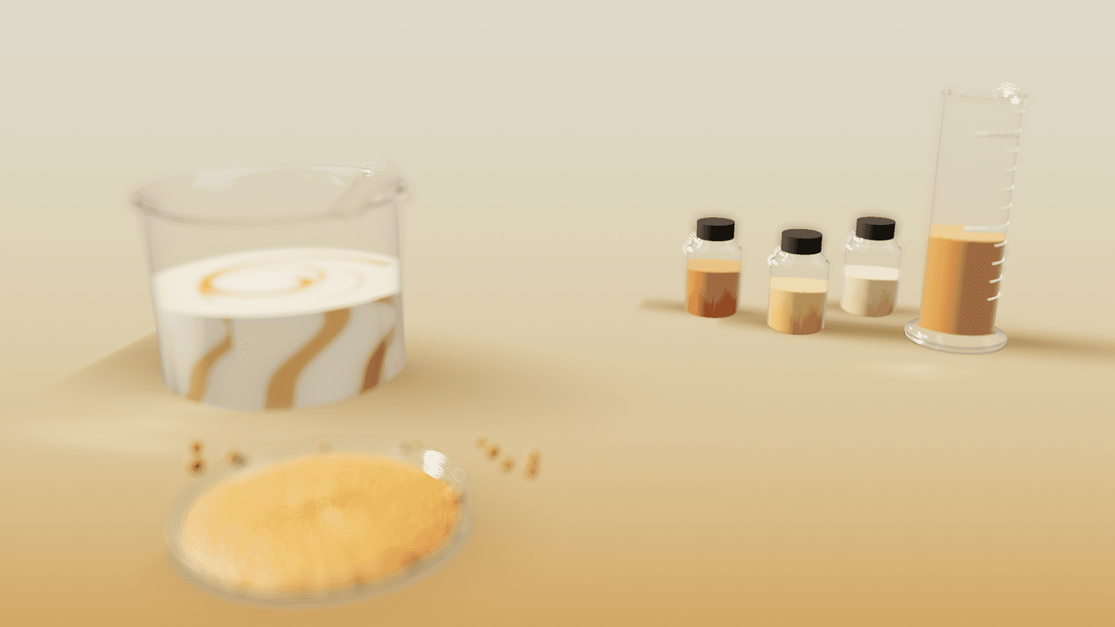 A formulation bench mid-work — a beaker of pale cream emulsion with a ribbon of amber botanical extract drawn into it, a stirring rod, capped sample vials and a petri dish of fine powder.